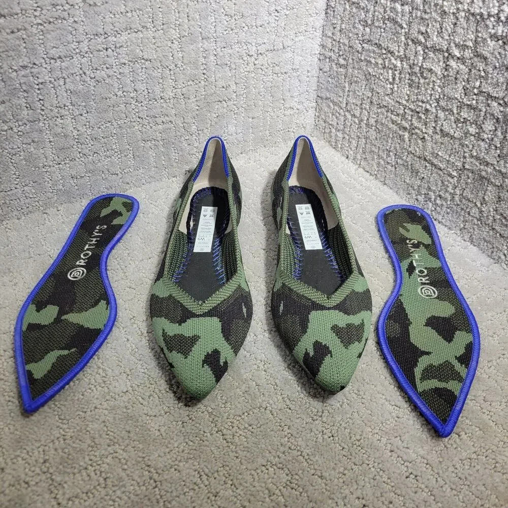 Rothys The Point Green Olive Camo Pointed Toe Slip on Flat Shoes Women's 6.5 - Picture 8 of 9